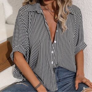 Black & White Casual Womens Striped Print Batwing Sleeve Shirt
